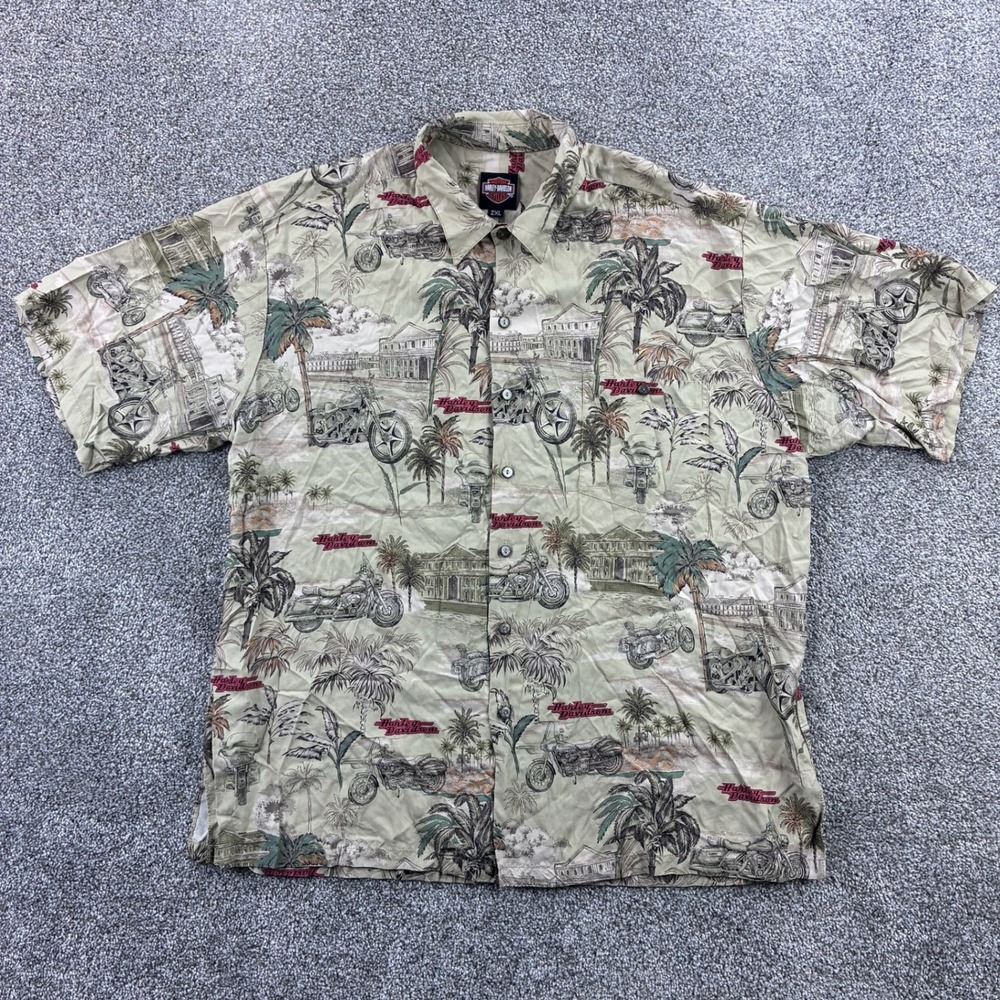 Harley Davidson Hawaiian Shirt Mens 2XL Button Down Shirt Palm Trees Motorcycles